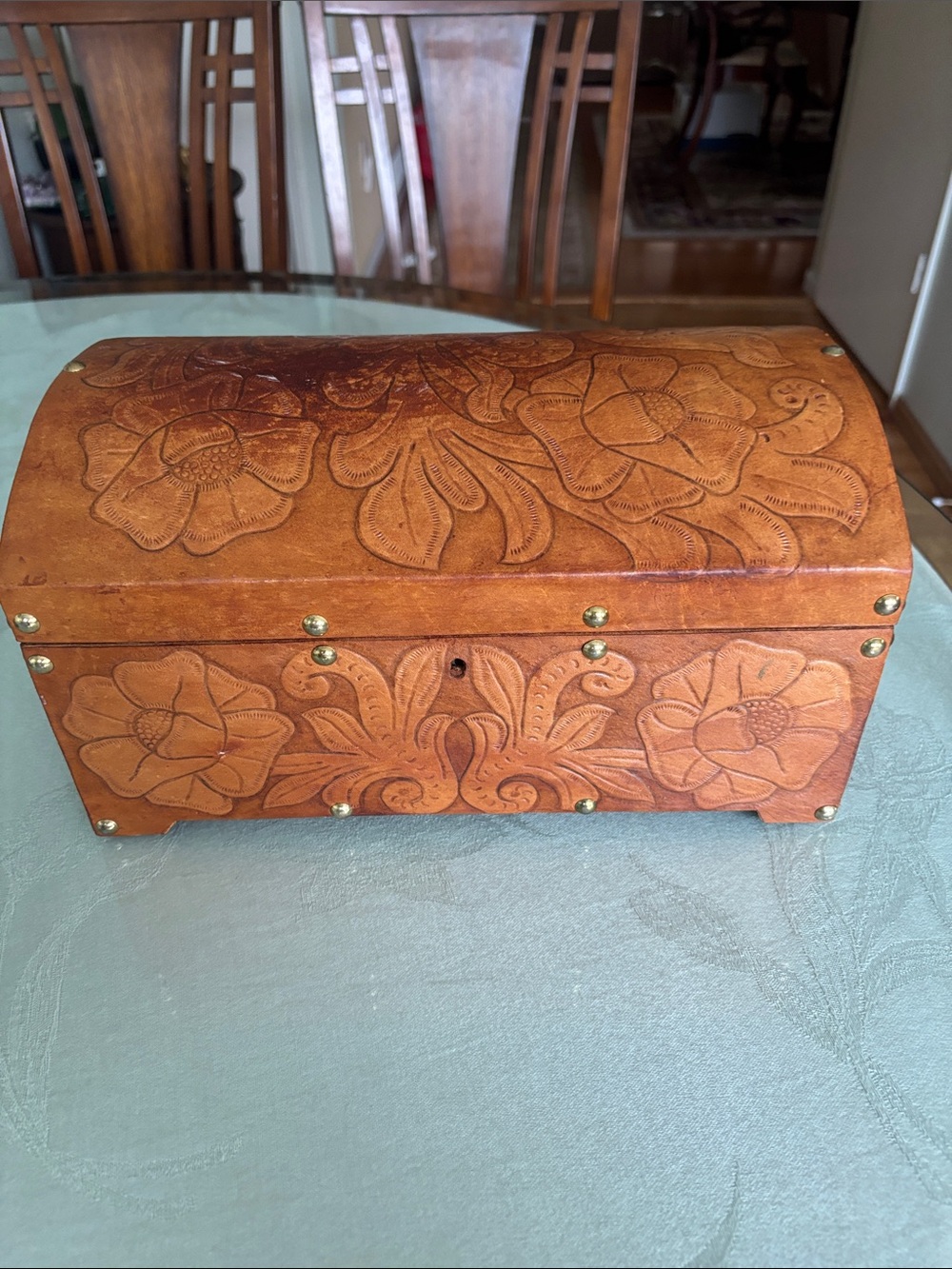 Floral Embossed Leather Jewelry Storage Box - Brown